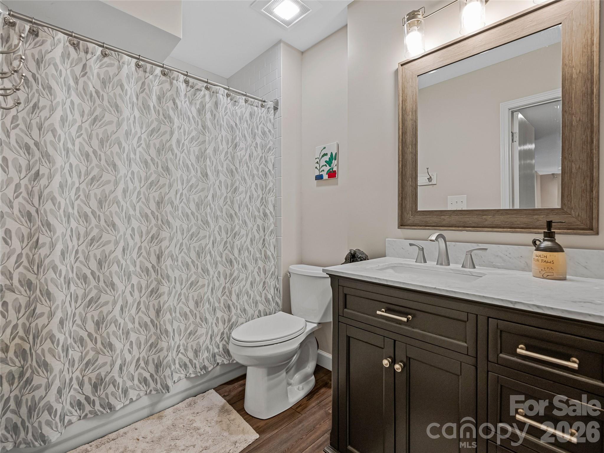 382 Black Oak Cove Road Candler, NC 28715 - Photo 38 of 46 a bathroom with a granite countertop sink and a toilet