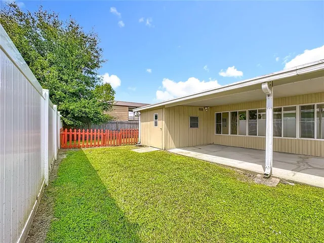 a view of a backyard with plants and large tree