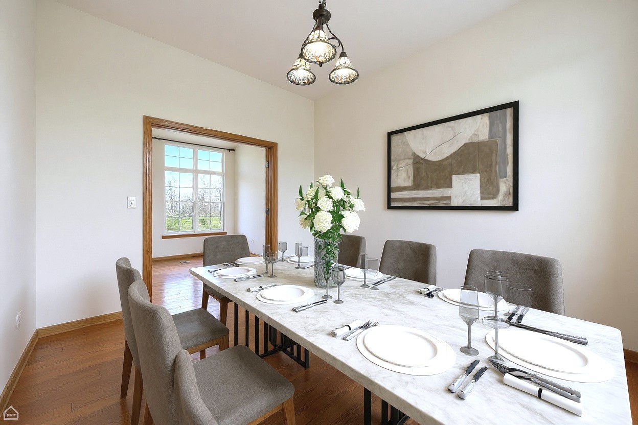 16353 Celtic Circle Manhattan, IL 60442 - Photo 3 of 23 a dining room with wooden floor a chandelier a wooden table and chairs