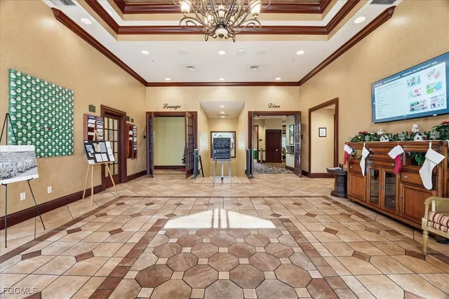 a view of a hallway with dining area