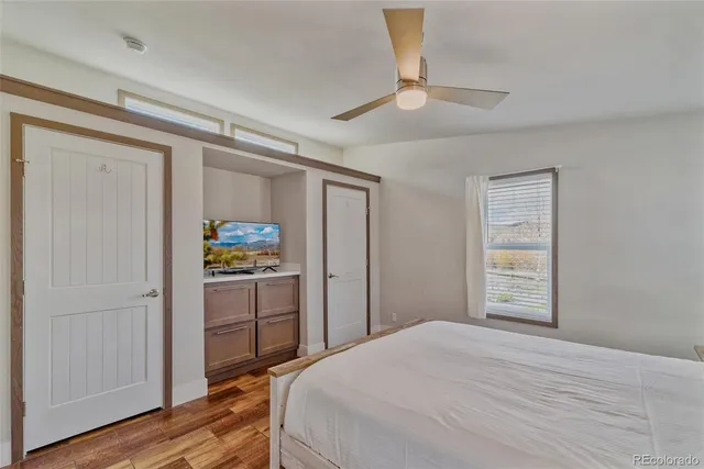 a bedroom with a bed and a closet