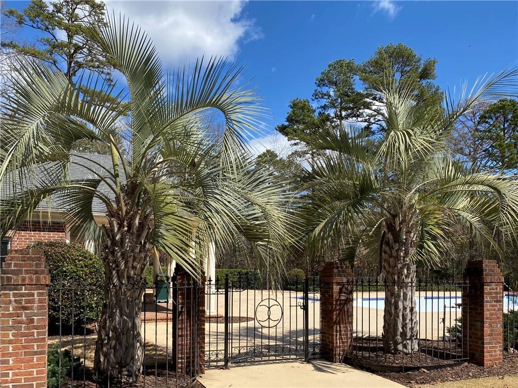 604 Feathery Lane Seneca, SC 29678 - Photo 44 of 44 This serene pool area features a decorative wrought iron gate and lush palm trees.