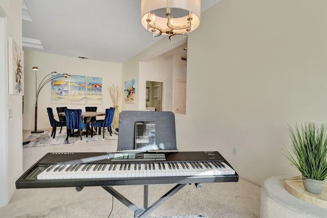 a view of a dining room with furniture
