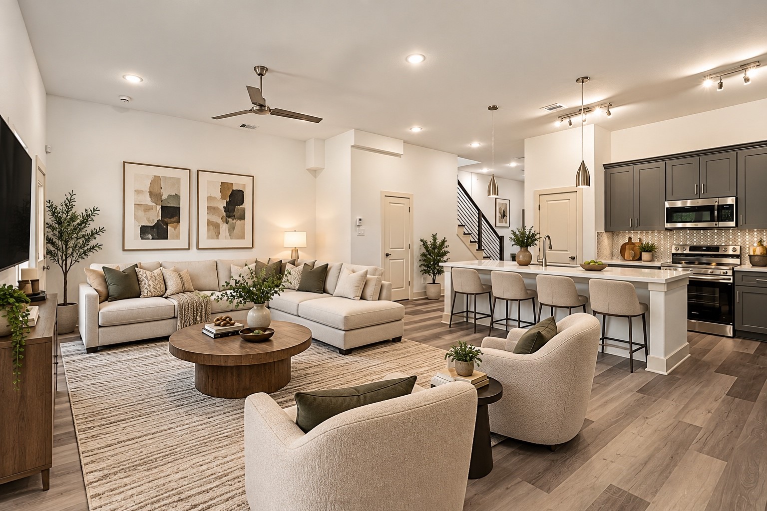 5629 Malmedy Road Houston, TX 77033 - Photo 2 of 24 Spacious open-concept living area featuring a modern kitchen with sleek cabinetry, a cozy seating arrangement, and stylish decor, perfect for entertaining or relaxing.
*photo is virtually staged*