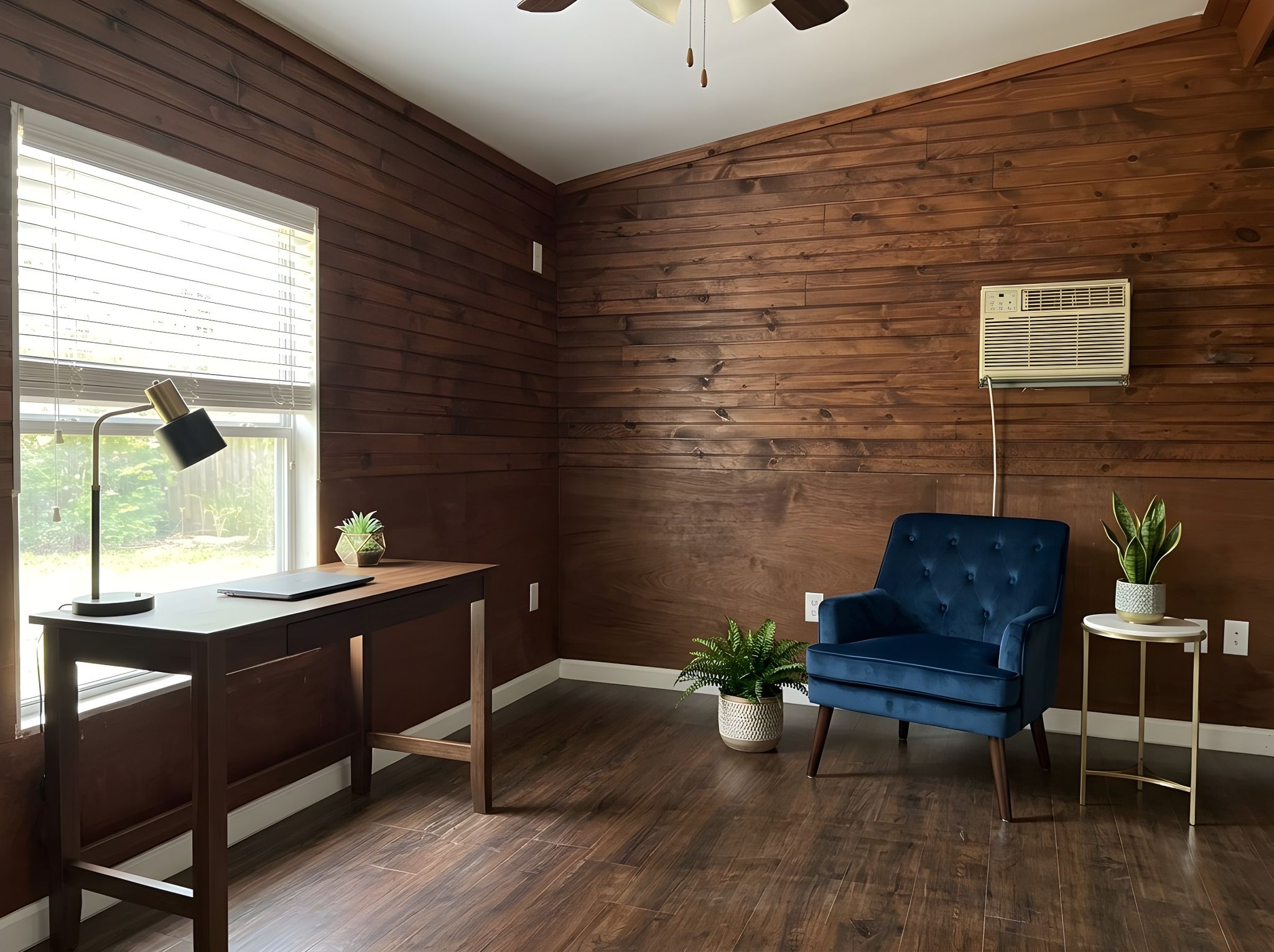 5611 Meadow Crest Austin, TX 78744 - Photo 28 of 29 Virtual Staged, Extension built behind home Rich wood plank walls create a warm and inviting atmosphere in this versatile home office space.