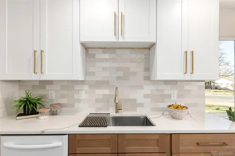 a kitchen with a sink a potted plant and cabinets