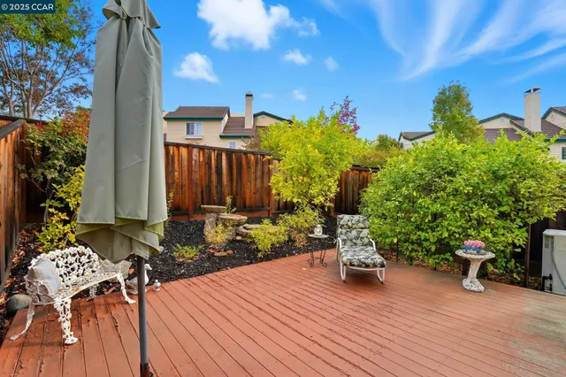 a garden view with a seating space