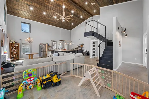 a garage with furniture