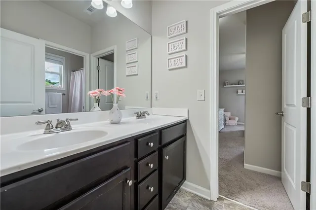a bathroom with a sink a toilet and shower curtain