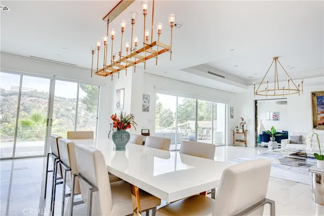 a view of a dining room with furniture large windows and wooden floor