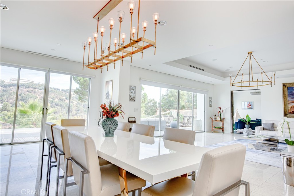 12148 Travis Street Los Angeles, CA 90049 - Photo 8 of 32 a view of a dining room with furniture large windows and wooden floor