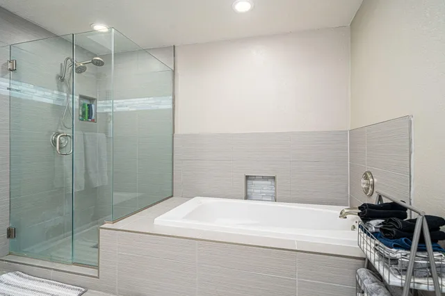 a bathroom with a bathtub and a shower
