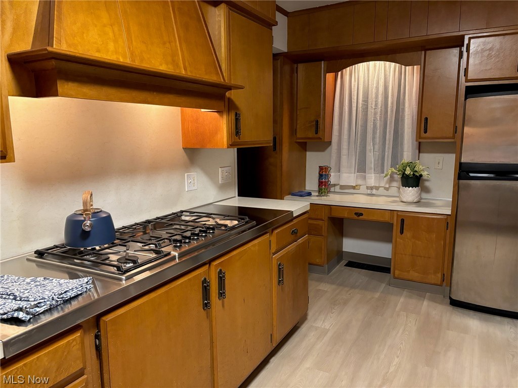 3700 Jaeger Road Lorain, OH 44053 - Photo 9 of 50 Kitchen with custom exhaust hood, appliances with stainless steel finishes, and light hardwood / wood-style flooring