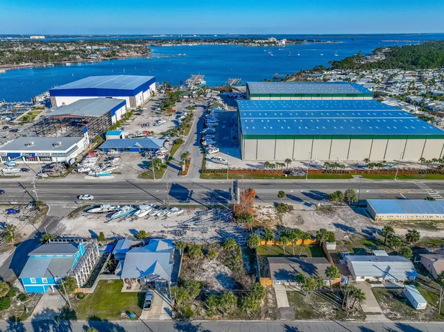 an aerial view of a building with outdoor space