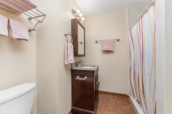 a bathroom with a sink a toilet and shower curtain