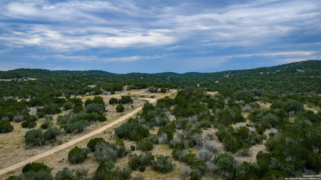 an aerial view of residential houses with outdoor space and trees