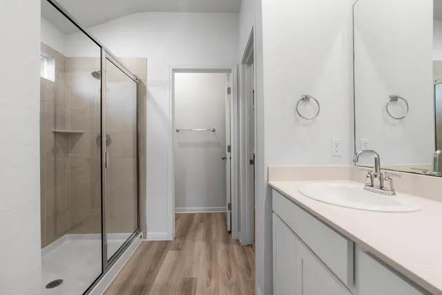 a bathroom with a shower sink and mirror