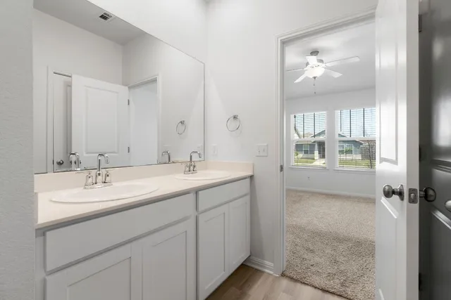 a bathroom with a sink double vanity and a mirror