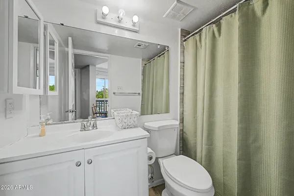 a bathroom with a sink a mirror a toilet and shower