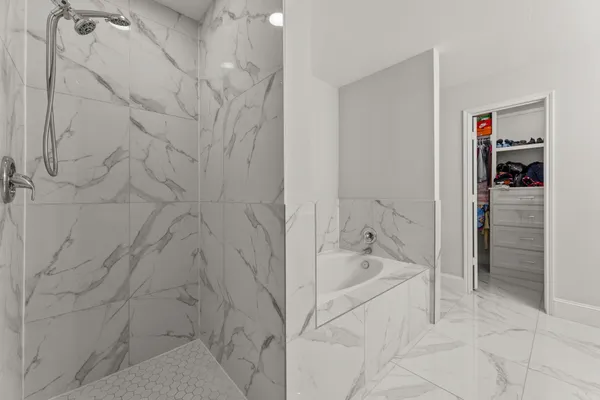 a bathroom with a bathtub and a shower