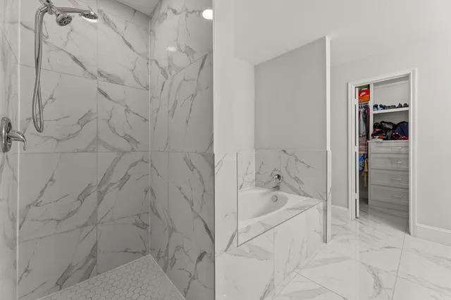 a bathroom with a bathtub and a shower