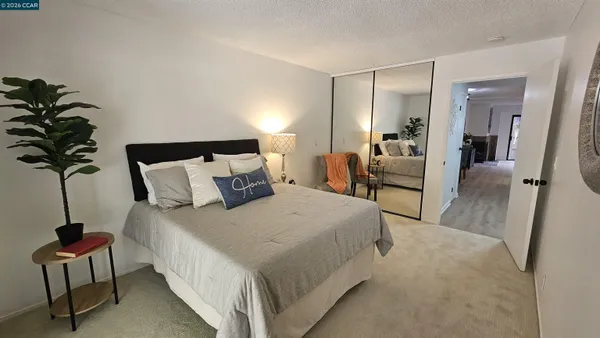 a bedroom with furniture and a potted plant