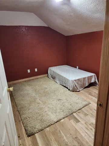 a backyard of a house with plants and large trees