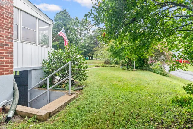 a view of a backyard with plants and a bench