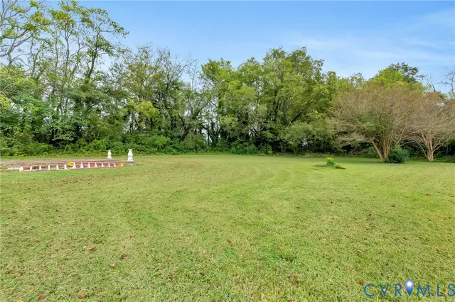 a view of a field with trees in the background