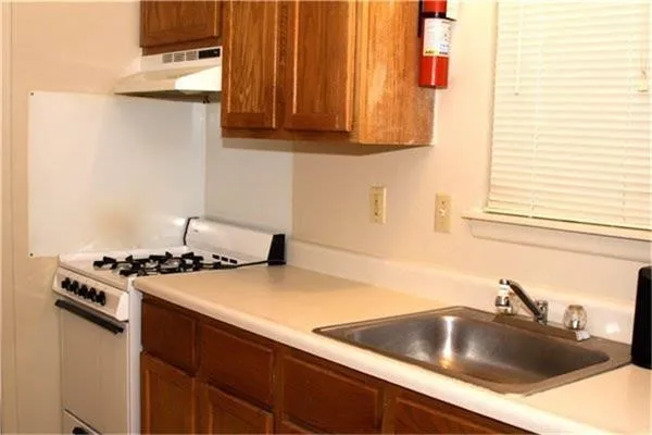 a kitchen with a sink a stove and cabinets