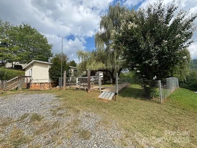 a view of a backyard with a large tree
