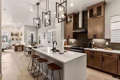 a kitchen with stainless steel appliances a sink a stove a refrigerator cabinets and living room view