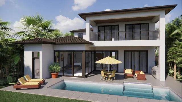 a view of a house with a patio and a yard