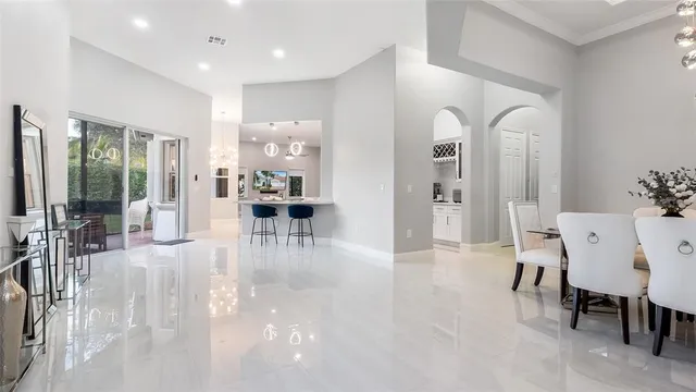 a view of a dining room with furniture