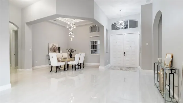 a view of a dining room with furniture