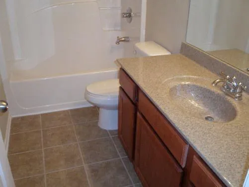 a bathroom with a granite countertop sink a toilet and bathtub