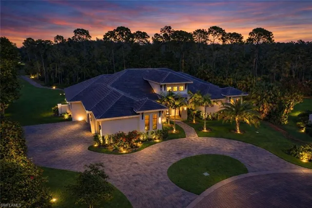 an aerial view of a houses with a swimming pool