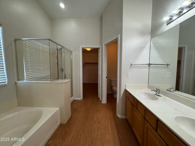 a bathroom with a tub sink and mirror