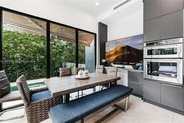 a view of a dining room with furniture window and outside view