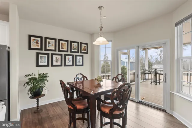 a dining room with furniture potted plants and wooden floor
