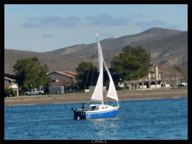 a view of a lake with a yard and large trees