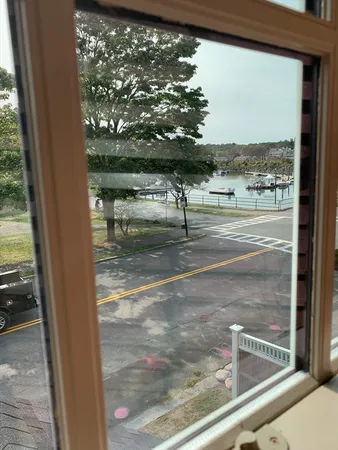 a view of swimming pool from a window