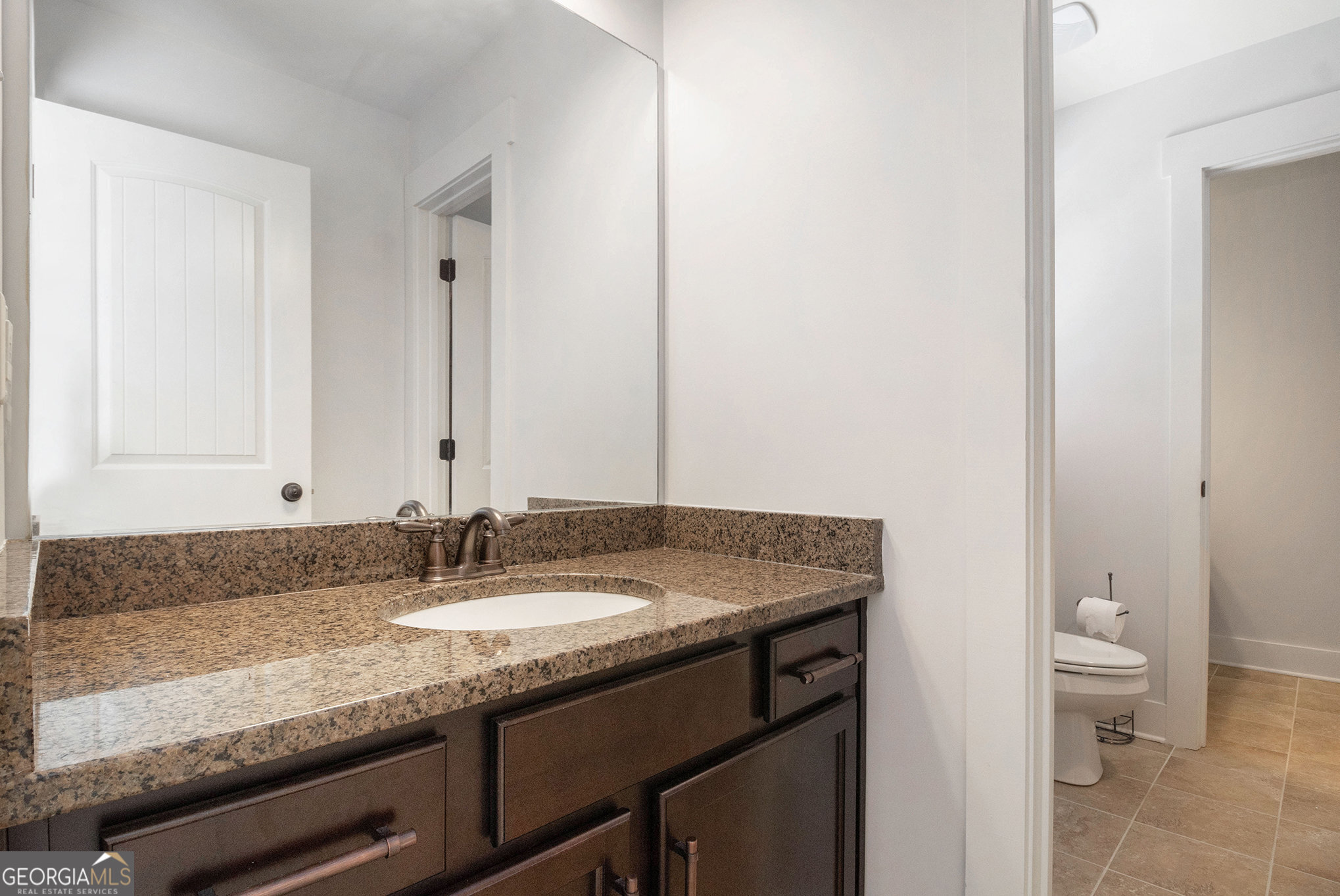 466 Austin Storey Circle Newnan, GA 30263 - Photo 19 of 38 a bathroom with a granite countertop sink and a mirror