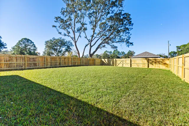 a view of backyard with garden and tall trees