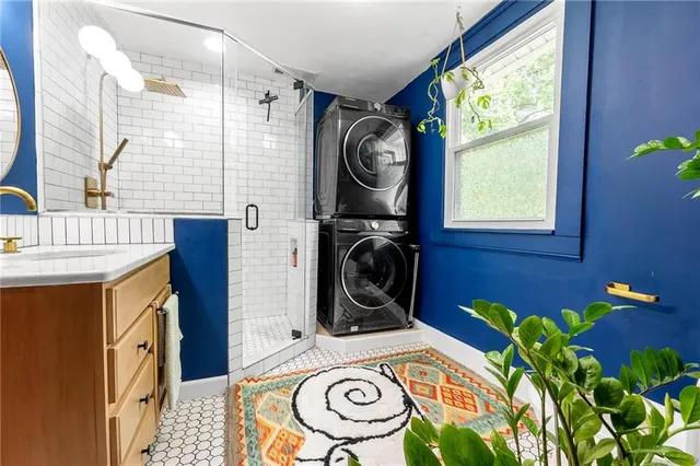 a patio with tables and chairs