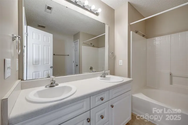 a bathroom with a sink double vanity mirror and a bathtub