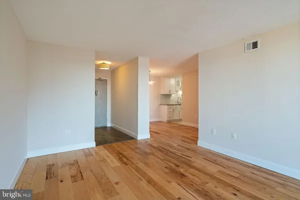 a view of empty room with wooden floor