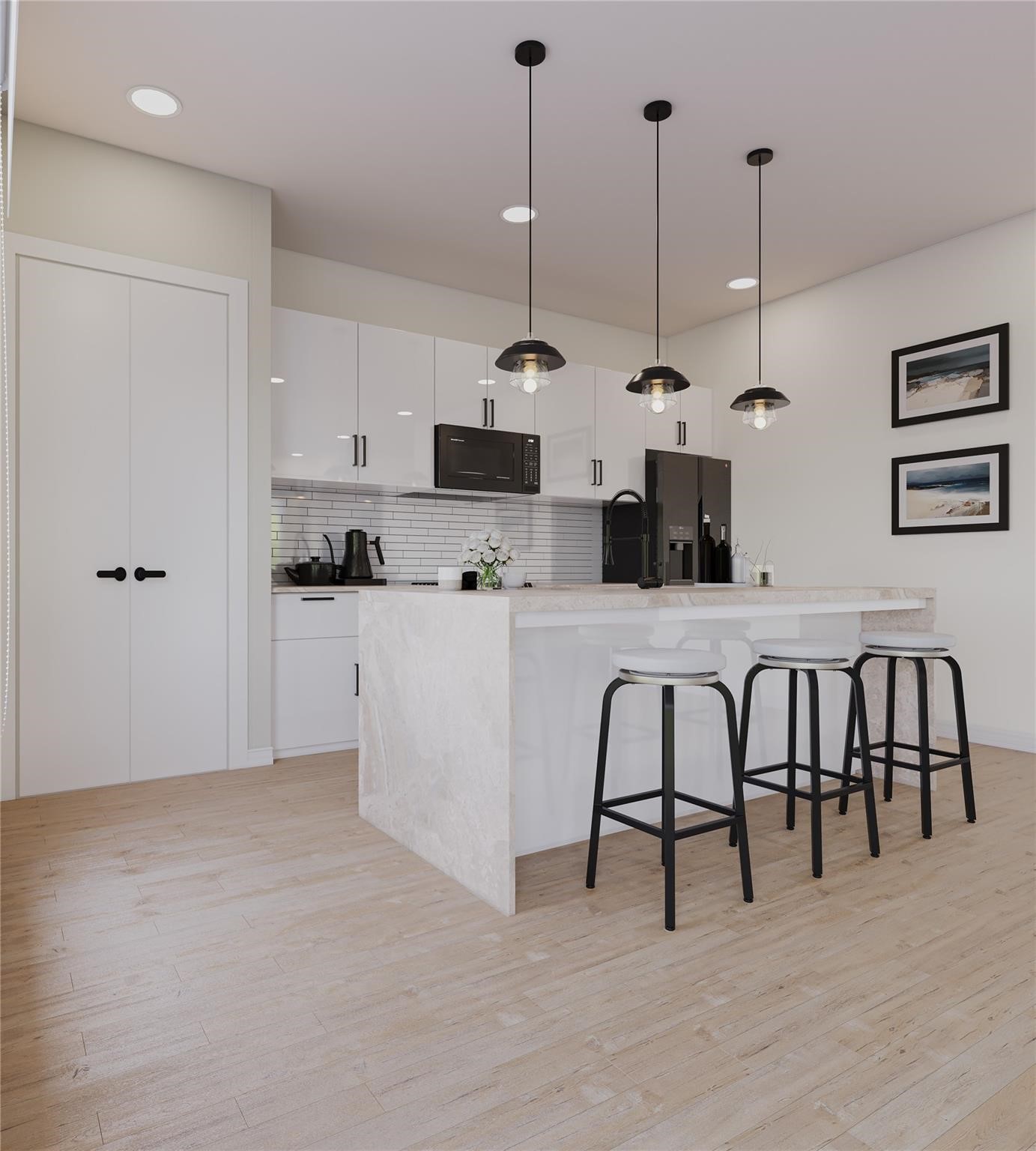 6545 Sealey Street Houston, TX 77091 - Photo 5 of 8 a kitchen with stainless steel appliances kitchen island granite countertop a table chairs and a refrigerator