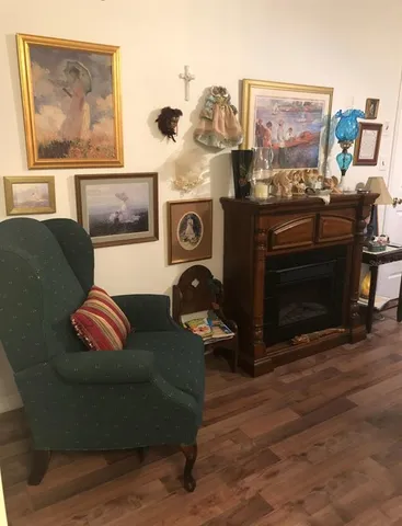 a living room with furniture and a fireplace