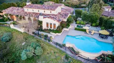 an aerial view of a house with a swimming pool